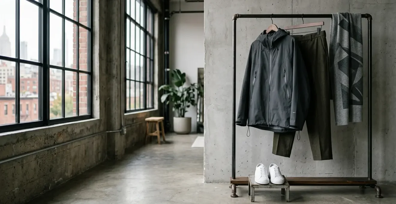 Composizione sofisticata di capi streetwear iconici abbinati con eleganza