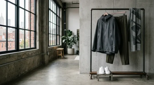 Composizione sofisticata di capi streetwear iconici abbinati con eleganza