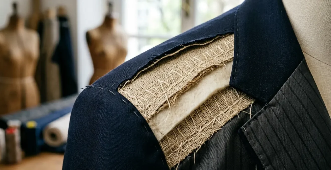 Dettagli ravvicinati di un abito sartoriale di lusso con cuciture a mano visibili e tessuto pregiato