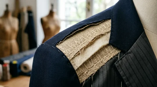 Dettagli ravvicinati di un abito sartoriale di lusso con cuciture a mano visibili e tessuto pregiato