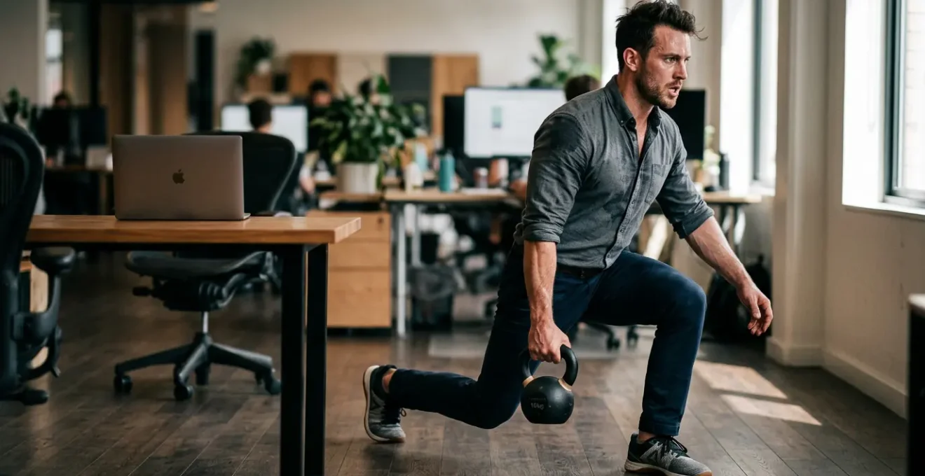 Professionista in abbigliamento business casual che esegue esercizi fitness in un moderno ufficio luminoso