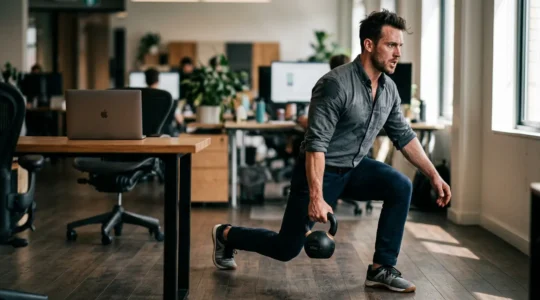 Professionista in abbigliamento business casual che esegue esercizi fitness in un moderno ufficio luminoso