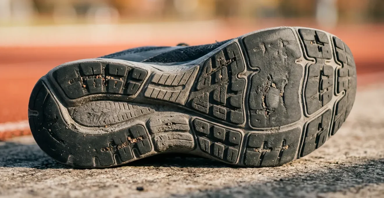 Dettaglio macro della suola usurata di una scarpa da running su superficie neutra