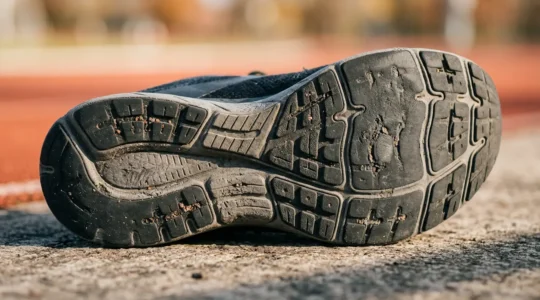 Dettaglio macro della suola usurata di una scarpa da running su superficie neutra