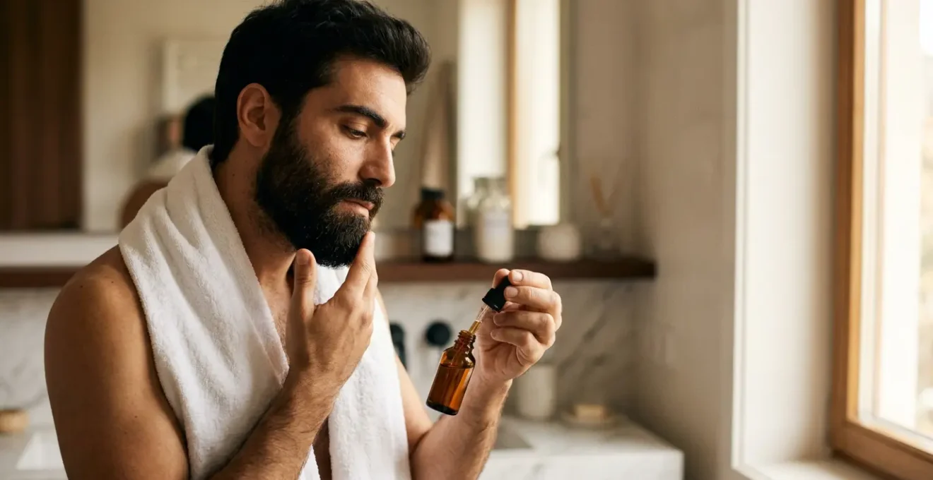 Uomo con barba curata che applica olio nutriente davanti allo specchio del bagno