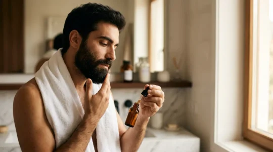 Uomo con barba curata che applica olio nutriente davanti allo specchio del bagno