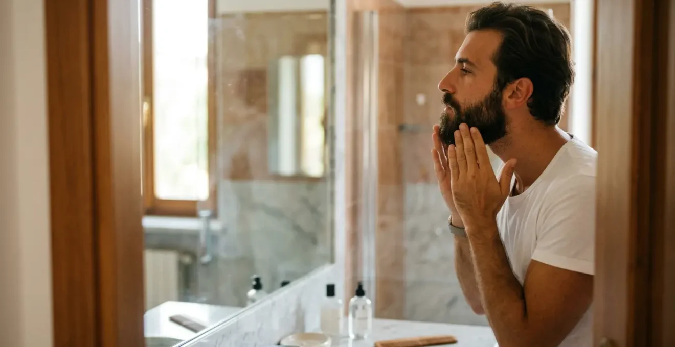 Uomo con barba curata mentre applica prodotti per lo styling