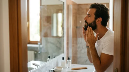 Uomo con barba curata mentre applica prodotti per lo styling