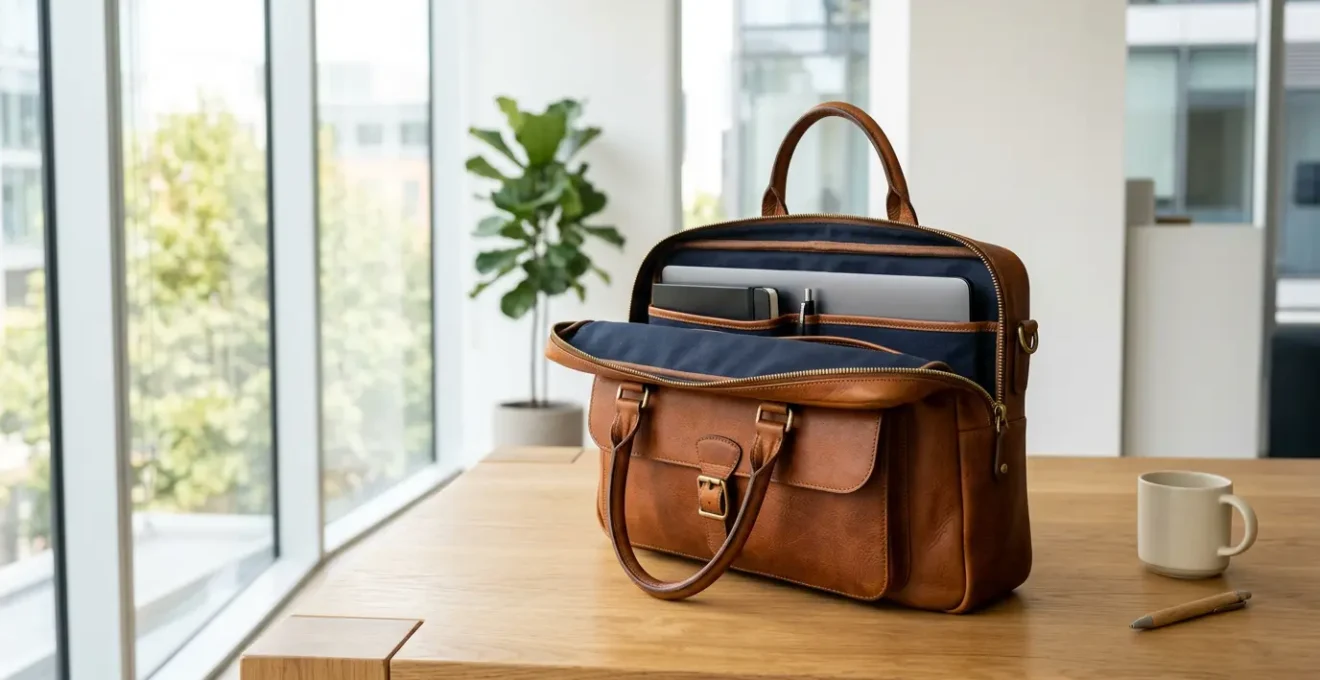 Borsa in pelle professionale per laptop con dettagli di alta qualità visibili sul tavolo di legno