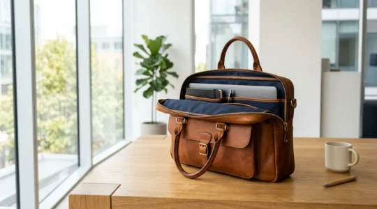 Borsa in pelle professionale per laptop con dettagli di alta qualità visibili sul tavolo di legno