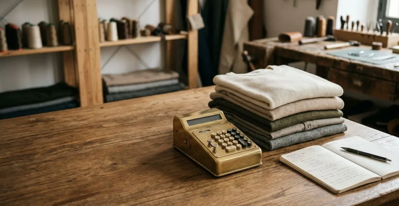 Calcolatrice elegante accanto a capi di qualità in lana e cotone organico su tavolo di legno