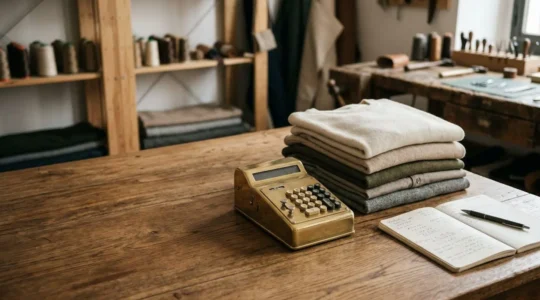 Calcolatrice elegante accanto a capi di qualità in lana e cotone organico su tavolo di legno