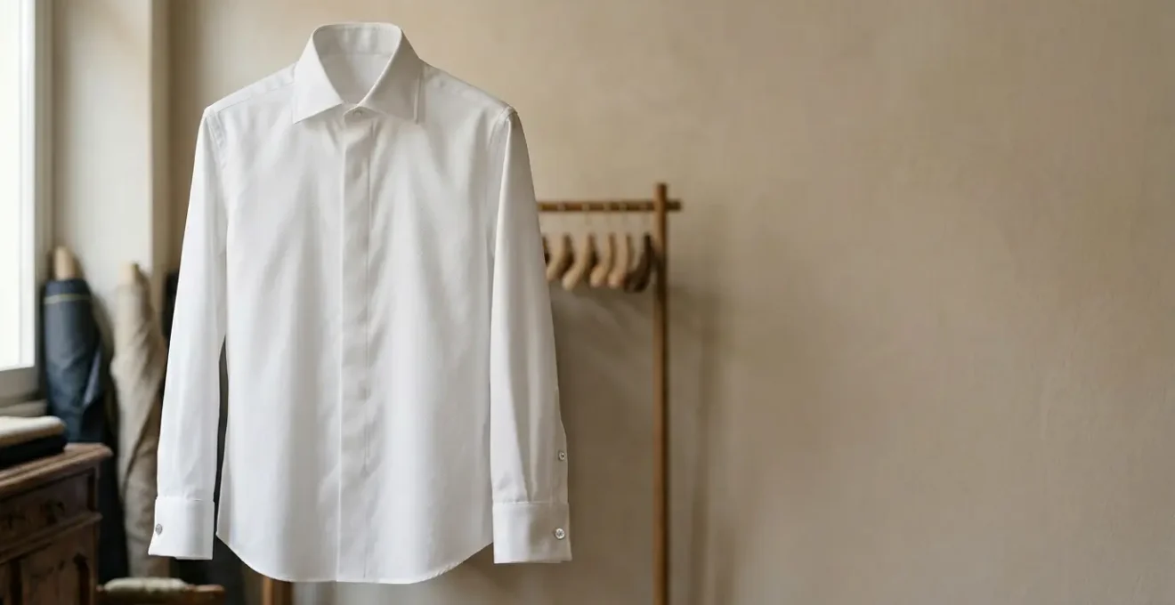 Elegante camicia da uomo bianca in popeline con dettagli sartoriali su manichino invisibile in atelier italiano