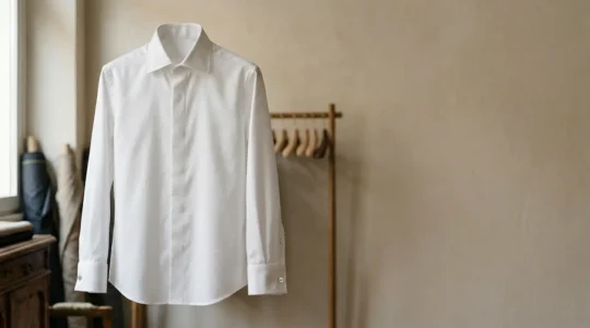 Elegante camicia da uomo bianca in popeline con dettagli sartoriali su manichino invisibile in atelier italiano