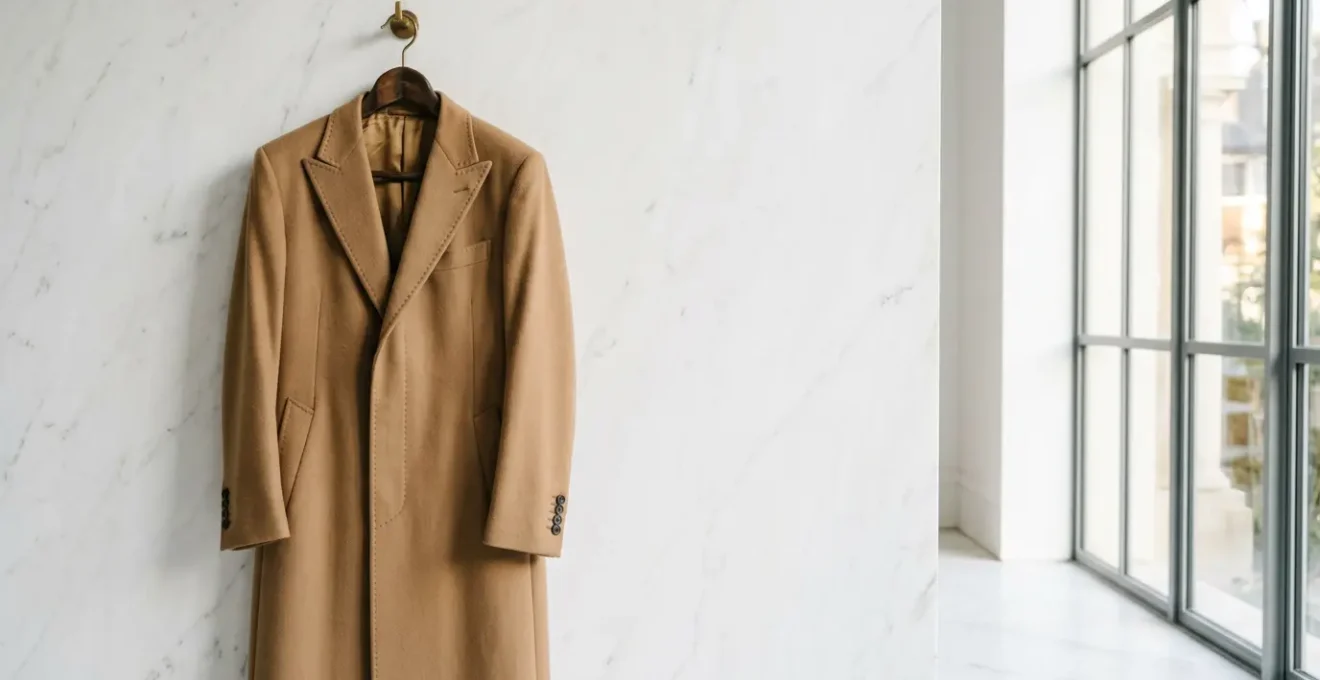 Cappotto sartoriale di lusso in lana pregiata appeso con cura in un ambiente raffinato