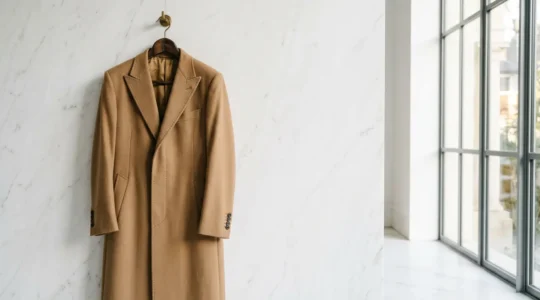 Cappotto sartoriale di lusso in lana pregiata appeso con cura in un ambiente raffinato