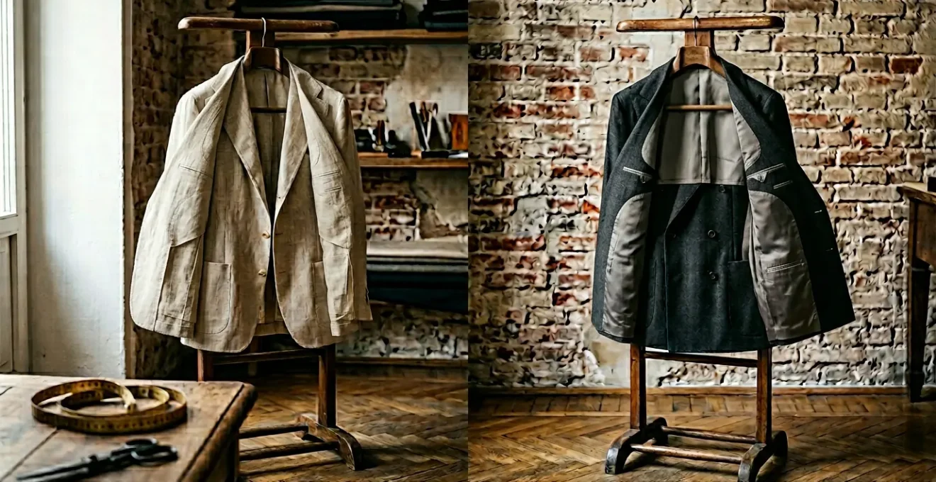 Confronto stilistico tra due giacche sartoriali italiane, una napoletana con spalla morbida e una milanese strutturata