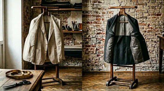 Confronto stilistico tra due giacche sartoriali italiane, una napoletana con spalla morbida e una milanese strutturata