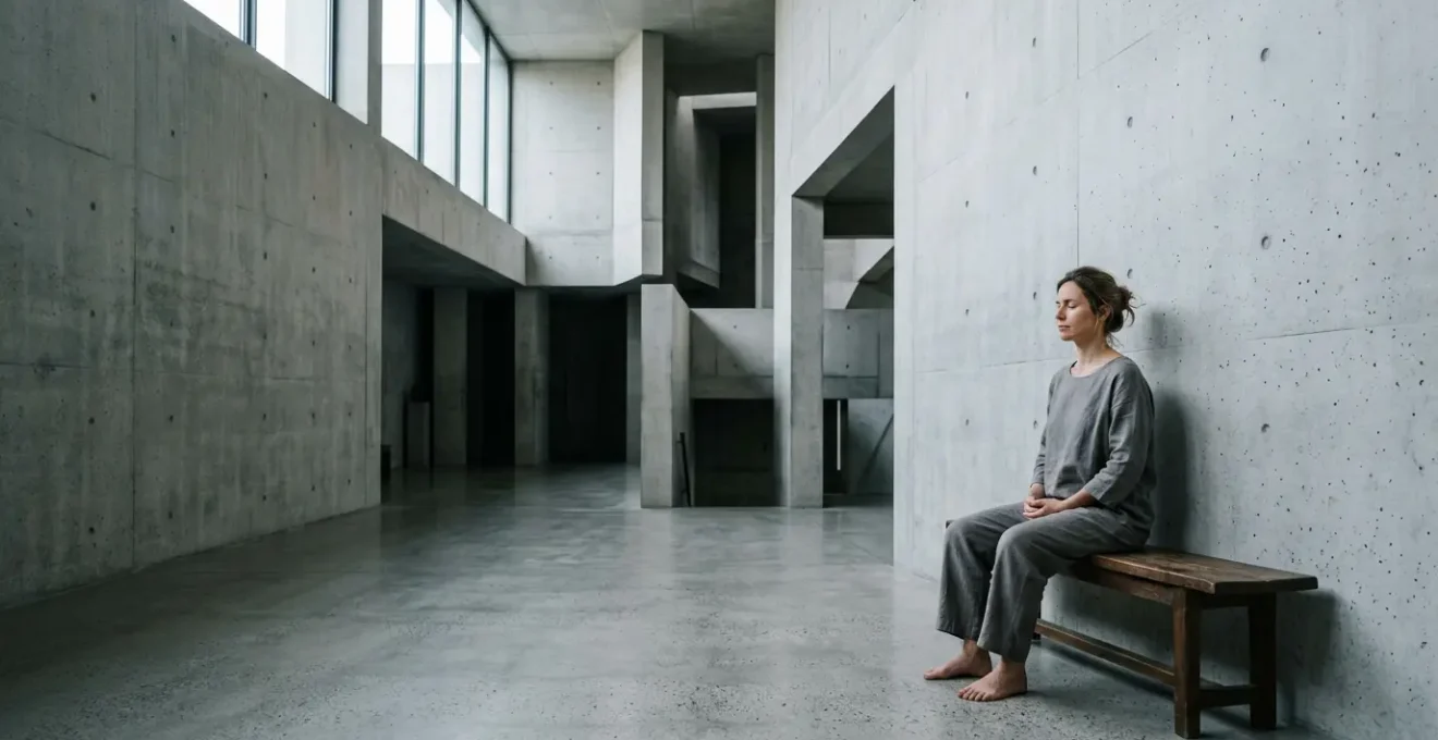 Figura solitaria meditativa in ambiente minimalista con luce naturale