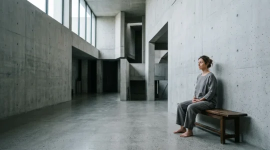 Figura solitaria meditativa in ambiente minimalista con luce naturale