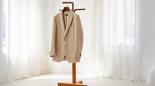 Elegante abito da cerimonia estivo in lino e seta color sabbia in ambiente luminoso