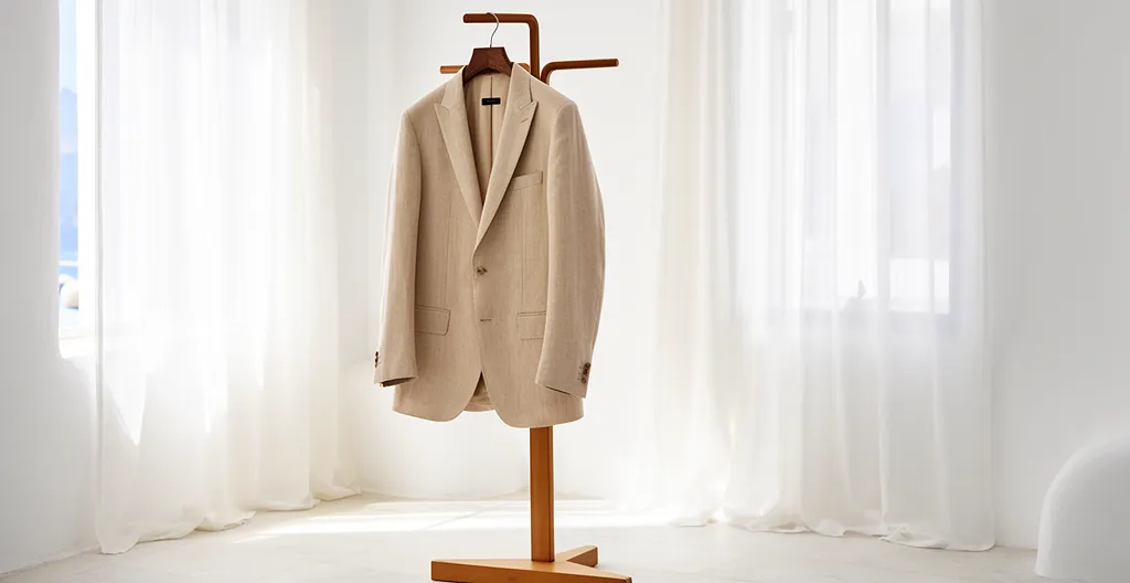 Elegante abito da cerimonia estivo in lino e seta color sabbia in ambiente luminoso