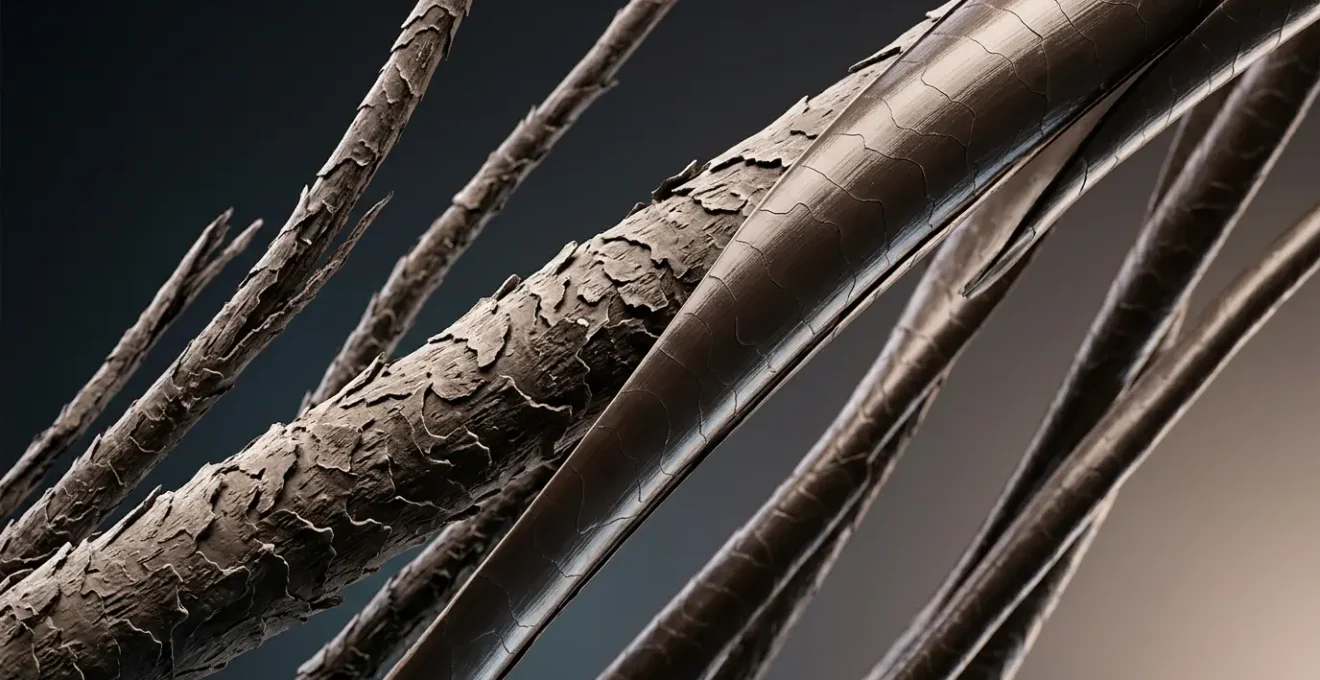 Capelli danneggiati sotto lente d'ingrandimento che mostra la struttura interna della fibra capillare
