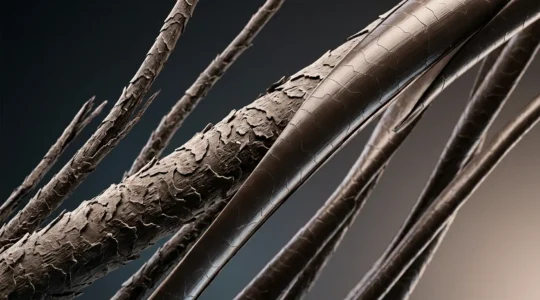 Capelli danneggiati sotto lente d'ingrandimento che mostra la struttura interna della fibra capillare