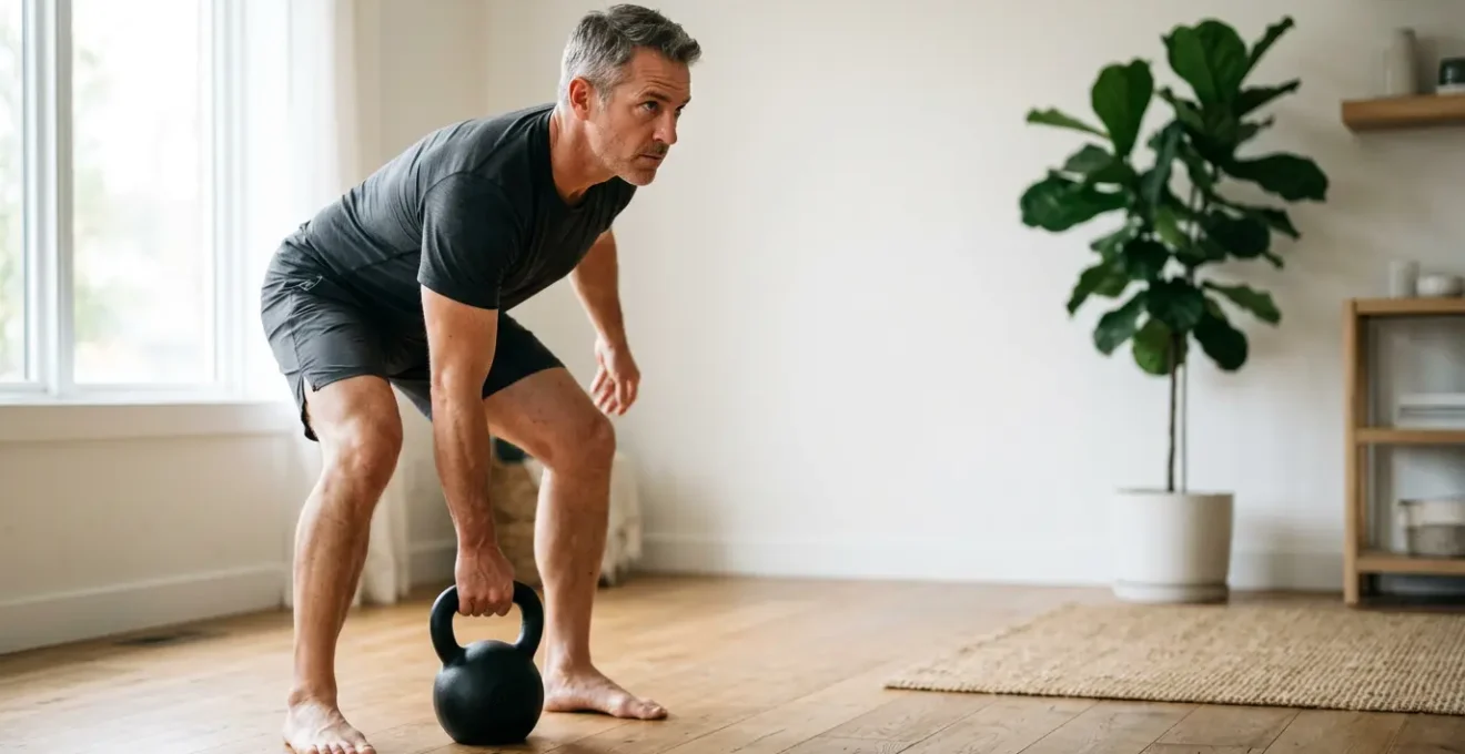 Uomo maturo esegue uno stacco da terra con kettlebell in ambiente domestico luminoso