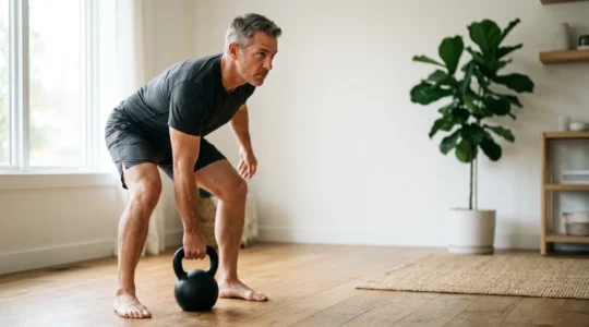 Uomo maturo esegue uno stacco da terra con kettlebell in ambiente domestico luminoso