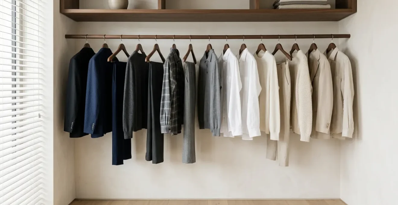 Guardaroba capsule minimalista con 15 capi di qualità disposti elegantemente su appendiabiti in legno