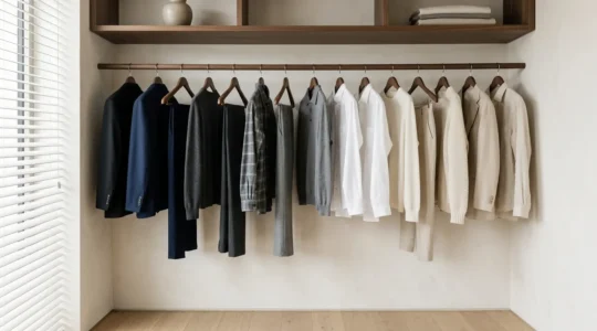 Guardaroba capsule minimalista con 15 capi di qualità disposti elegantemente su appendiabiti in legno