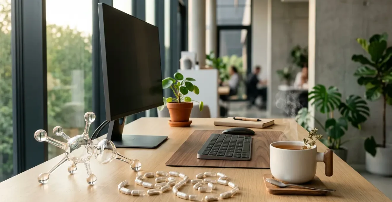 Scrivania moderna con integratori nootropici e ambiente di lavoro produttivo