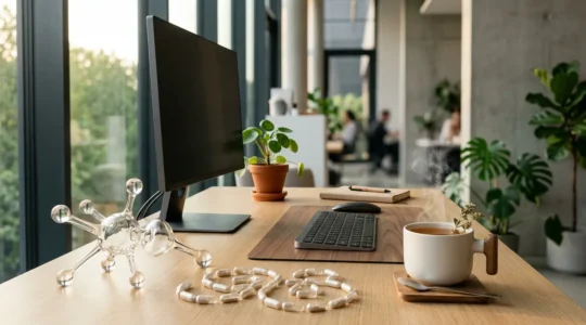 Scrivania moderna con integratori nootropici e ambiente di lavoro produttivo