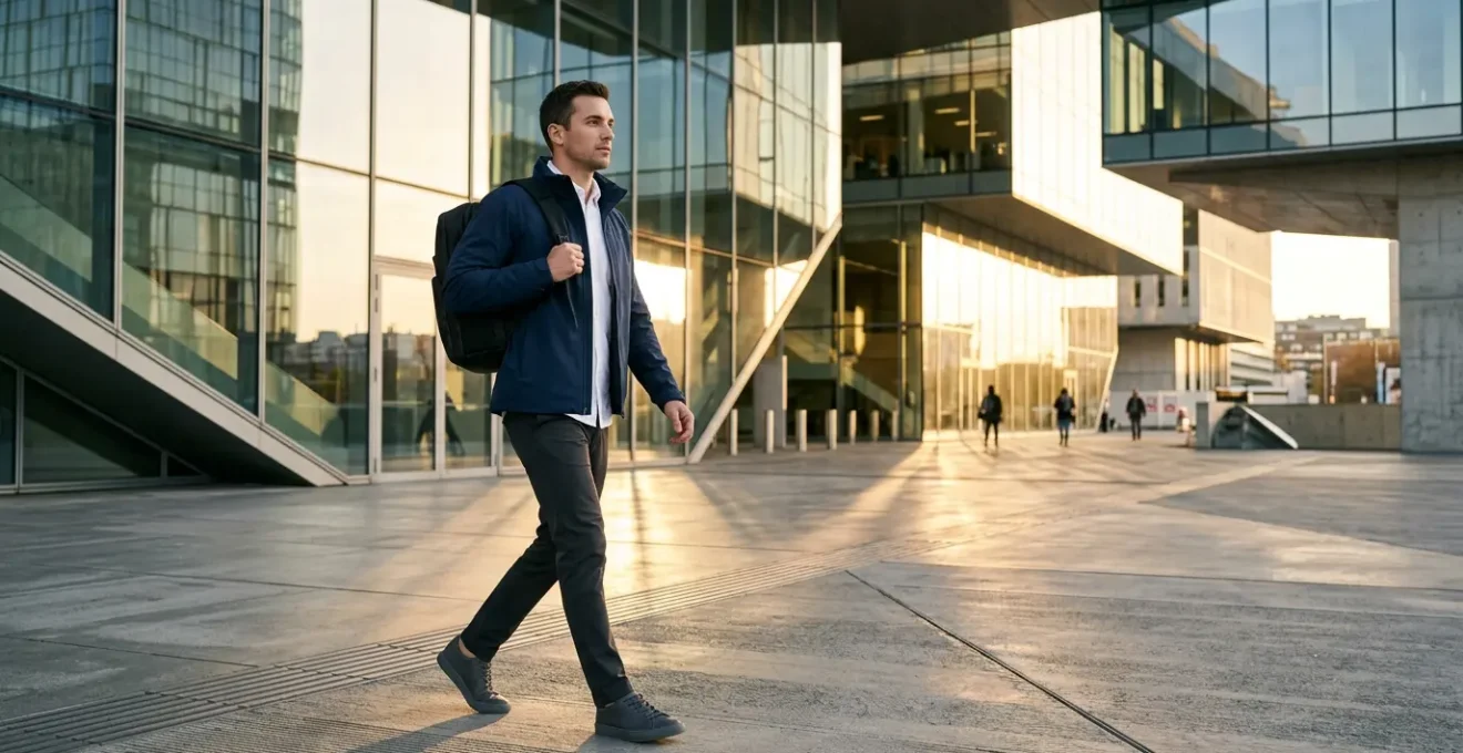 Persona elegante in ambiente urbano con giacca tecnica sopra abbigliamento formale