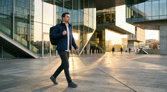 Persona elegante in ambiente urbano con giacca tecnica sopra abbigliamento formale