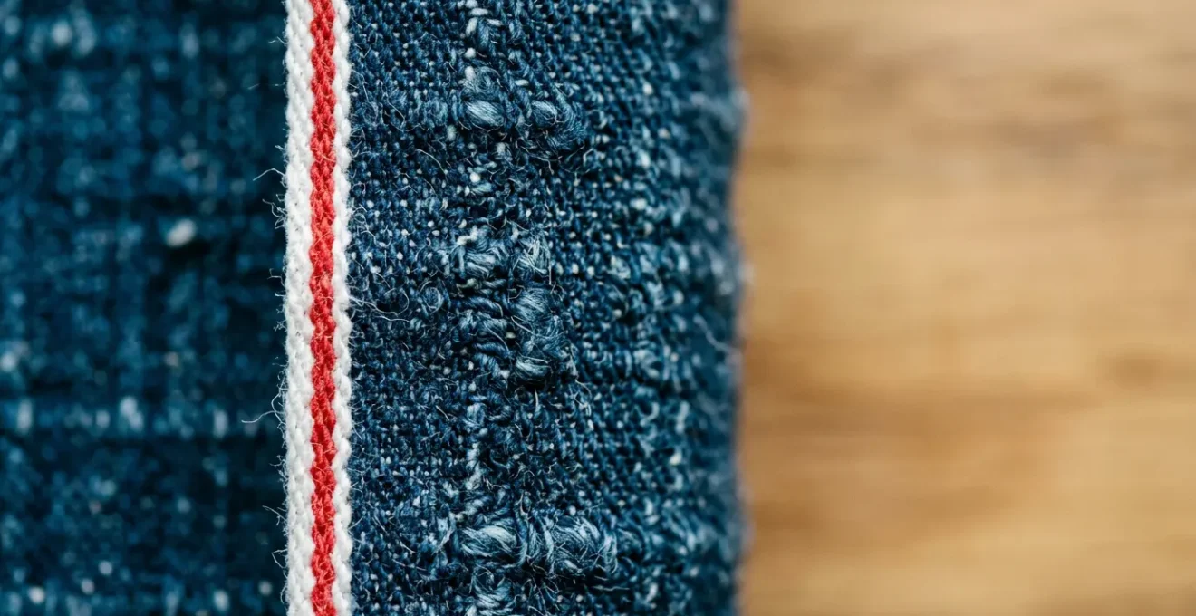 Dettaglio ravvicinato di un jeans cimosato giapponese con cimosa rossa visibile