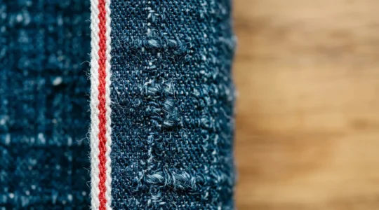 Dettaglio ravvicinato di un jeans cimosato giapponese con cimosa rossa visibile