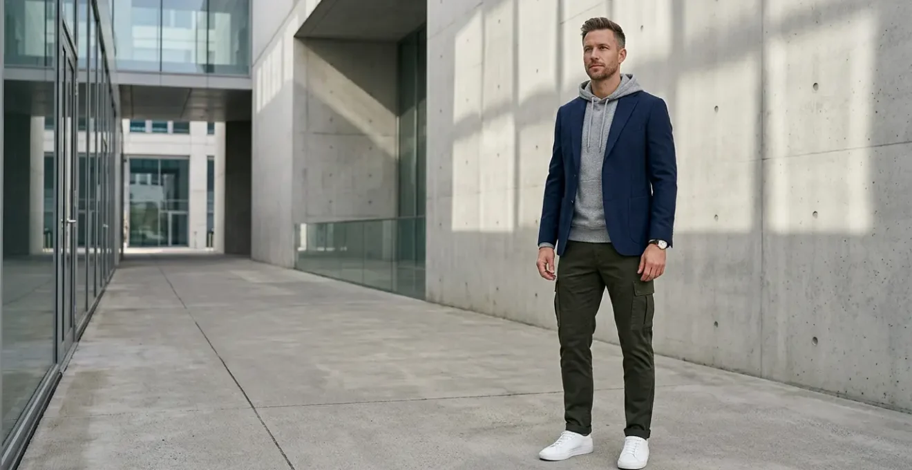 Uomo con blazer sartoriale e felpa con cappuccio in ambiente urbano