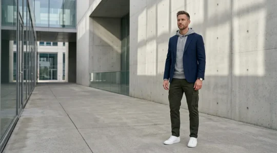 Uomo con blazer sartoriale e felpa con cappuccio in ambiente urbano