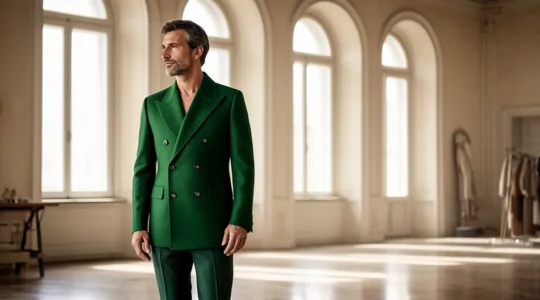 Uomo elegante che indossa abiti sartoriali contemporanei in atelier italiano