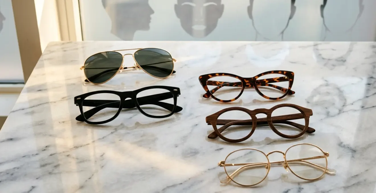 Selezione di diverse montature di occhiali da sole disposte su un piano riflettente con varie forme del viso sfumate nello sfondo