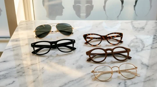 Selezione di diverse montature di occhiali da sole disposte su un piano riflettente con varie forme del viso sfumate nello sfondo