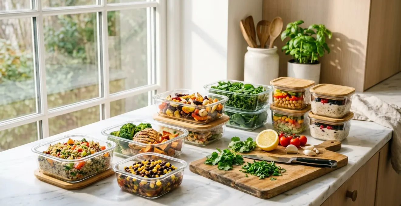Preparazione meal prep in cucina moderna luminosa con contenitori di vetro organizzati