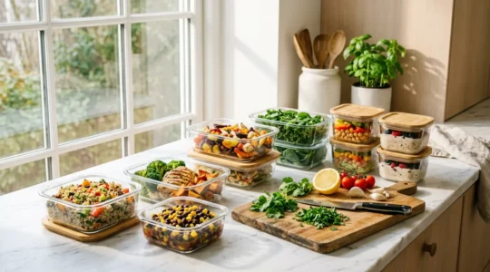 Preparazione meal prep in cucina moderna luminosa con contenitori di vetro organizzati
