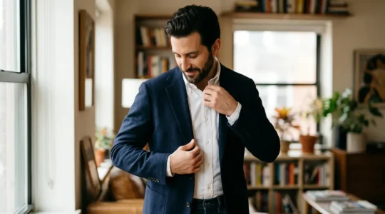 Uomo elegante con outfit casual chic per un primo appuntamento romantico