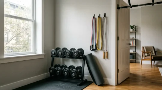 Vista panoramica di una palestra domestica compatta con attrezzi fitness organizzati in uno spazio di 4 metri quadri