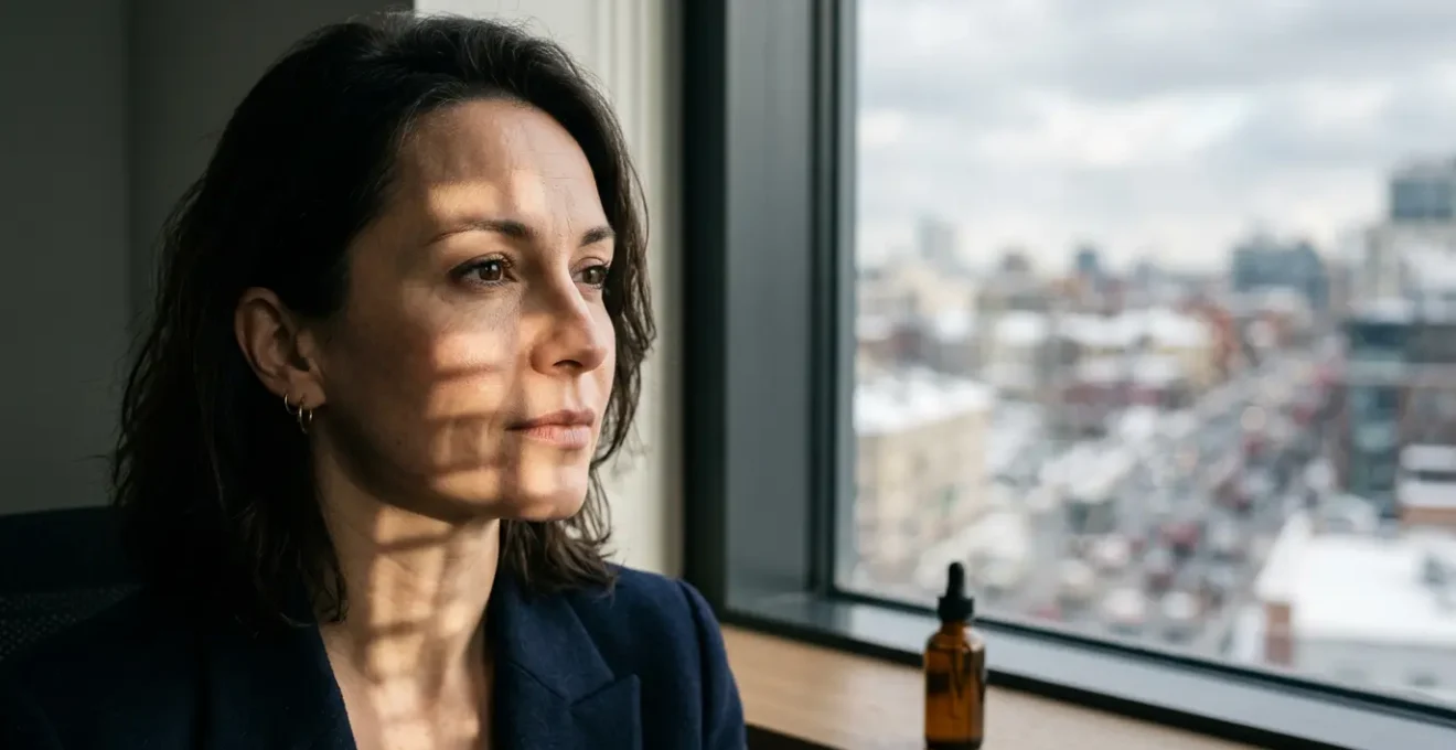 Viso di donna con riflessi di luce solare filtrati attraverso vetri e nuvole in ambiente urbano invernale