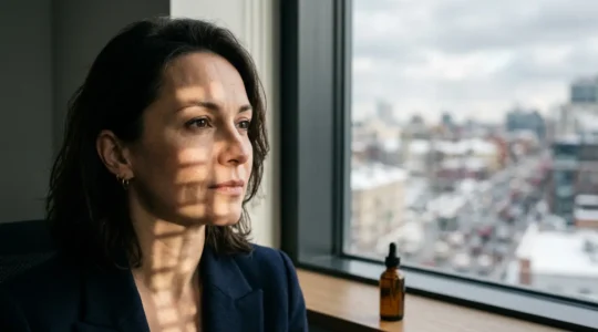Viso di donna con riflessi di luce solare filtrati attraverso vetri e nuvole in ambiente urbano invernale