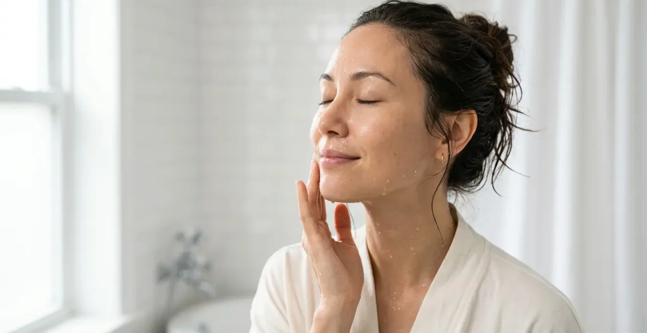 Donna che accarezza delicatamente il viso con acqua tiepida in un ambiente bagno minimalista